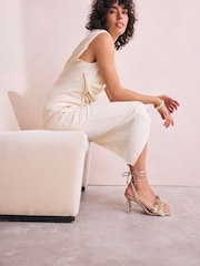 Gold Signature Premium Leather Fringe Tie Leg Heeled Sandals - Image 3 of 10
