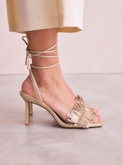 Gold Signature Premium Leather Fringe Tie Leg Heeled Sandals - Image 4 of 10