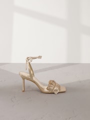 Gold Signature Premium Leather Fringe Tie Leg Heeled Sandals - Image 7 of 10