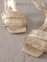 Gold Signature Premium Leather Fringe Tie Leg Heeled Sandals - Image 8 of 10
