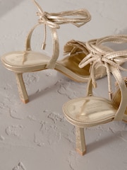 Gold Signature Premium Leather Fringe Tie Leg Heeled Sandals - Image 9 of 10