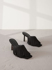 Black Signature Premium Leather Fringe Heeled Mules - Image 1 of 11