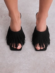Black Signature Premium Leather Fringe Heeled Mules - Image 10 of 11