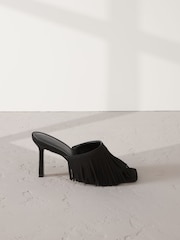 Black Signature Premium Leather Fringe Heeled Mules - Image 2 of 11