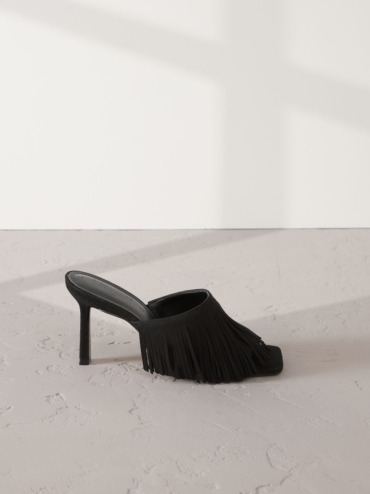 Black Signature Premium Leather Fringe Heeled Mules - Image 2 of 11