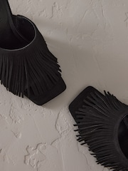 Black Signature Premium Leather Fringe Heeled Mules - Image 6 of 11