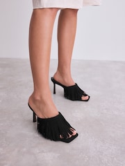 Black Signature Premium Leather Fringe Heeled Mules - Image 7 of 11