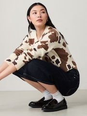 Brown Cow Print Crew Neck Knitted Cardigan - Image 1 of 7
