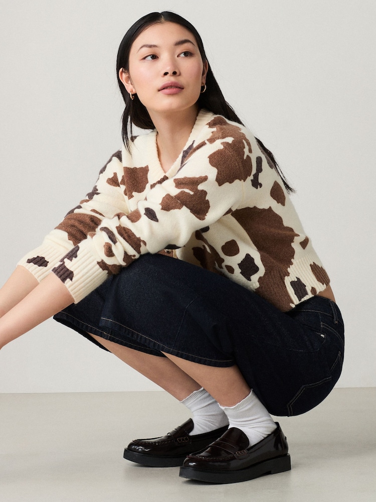 Brown Cow Print Crew Neck Knitted Cardigan - Image 1 of 7