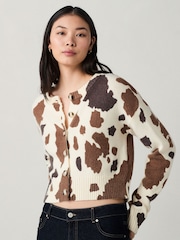 Brown Cow Print Crew Neck Knitted Cardigan - Image 2 of 7