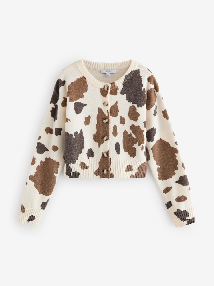 Brown Cow Print Crew Neck Knitted Cardigan - Image 5 of 7