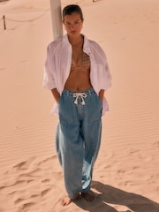 Mid Blue Utility Lightweight Rope Waist Denim Crops Jeans - Image 1 of 7