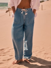 Mid Blue Utility Lightweight Rope Waist Denim Crops Jeans - Image 2 of 7
