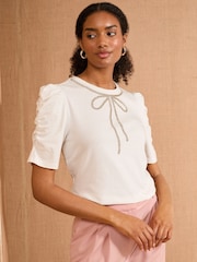Love & Roses Ivory Bow Embellished Ruched Sleeve 100% Cotton Jersey Top - Image 1 of 4