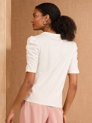 Love & Roses Ivory Bow Embellished Ruched Sleeve 100% Cotton Jersey Top - Image 4 of 4