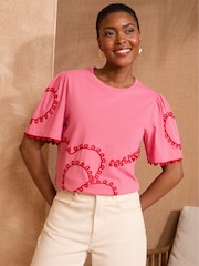 Love & Roses Pink and Red Heart Cornelli Crew Neck Scallop Jersey T-Shirt - Image 1 of 4