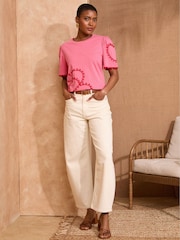 Love & Roses Pink and Red Heart Cornelli Crew Neck Scallop Jersey T-Shirt - Image 3 of 4