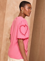 Love & Roses Pink and Red Heart Cornelli Crew Neck Scallop Jersey T-Shirt - Image 4 of 4