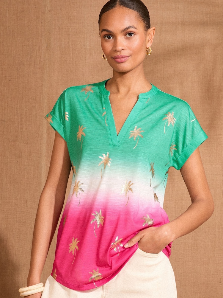 Love & Roses Pink And Green Ombre Foil V-Neck Jersey T-Shirt - Image 1 of 4