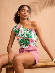 Love & Roses Green Tropical Print One Shoulder Jersey Top - Image 1 of 4