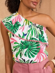 Love & Roses Green Tropical Print One Shoulder Jersey Top - Image 3 of 4