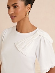 Love & Roses Ivory Broderie Bow Scallop Cuff Crew Neck T-Shirt - Image 2 of 4