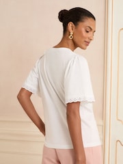 Love & Roses Ivory Broderie Bow Scallop Cuff Crew Neck T-Shirt - Image 4 of 4