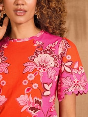 Love & Roses Pink and Orange Floral Print Crew Neck Scallop Jersey T-Shirt - Image 3 of 4