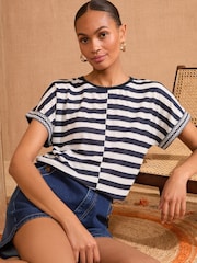 Love & Roses Navy and White Stripe Crochet Trim Crew Neck Jersey T-Shirt - Image 1 of 4