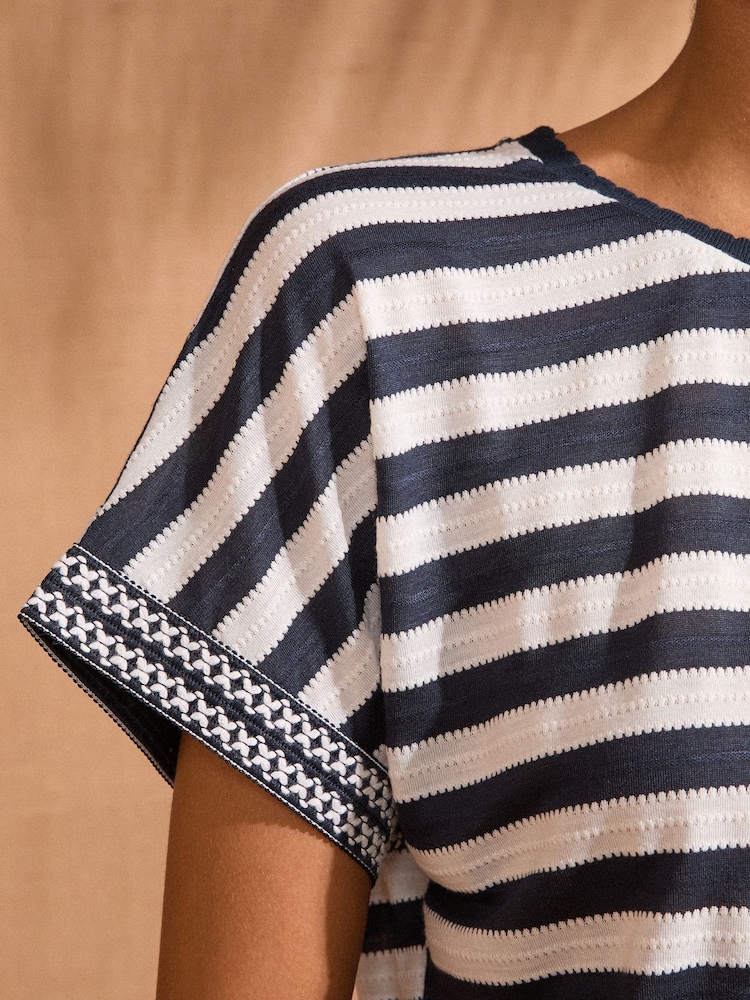 Love & Roses Navy and White Stripe Crochet Trim Crew Neck Jersey T-Shirt - Image 2 of 4