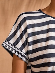 Love & Roses Navy and White Stripe Crochet Trim Crew Neck Jersey T-Shirt - Image 4 of 4