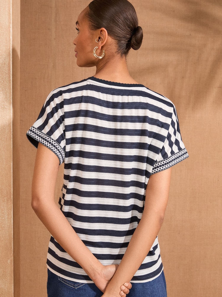 Love & Roses Navy and White Stripe Crochet Trim Crew Neck Jersey T-Shirt - Image 4 of 4