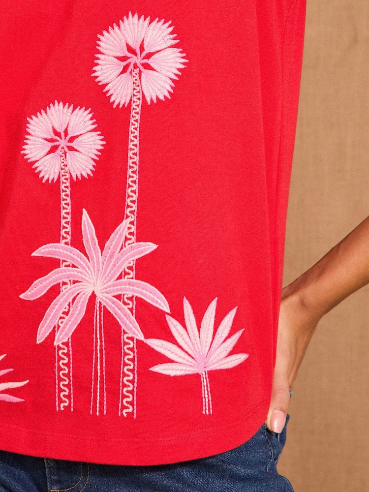 Love & Roses Red and Pink Palm Tree Embroidery Tank Jersey Vest - Image 2 of 4 Love & Roses Red and Pink Palm Tree Embroidery Tank Jersey Vest - Image 2 of 4