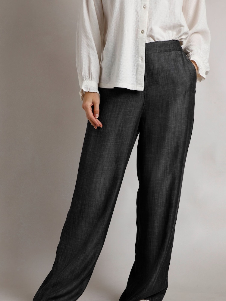 Weird Fish Black Bethany Tencel Wide Leg 100% Cotton Trousers - Image 2 of 5