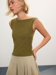 Khaki Green Shirred Asymmetric Sleeveless 100% Cotton Top - Image 1 of 8