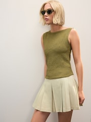 Khaki Green Shirred Asymmetric Sleeveless 100% Cotton Top - Image 3 of 8