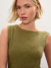 Khaki Green Shirred Asymmetric Sleeveless 100% Cotton Top - Image 5 of 8