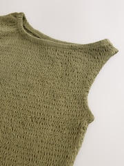 Khaki Green Shirred Asymmetric Sleeveless 100% Cotton Top - Image 8 of 8
