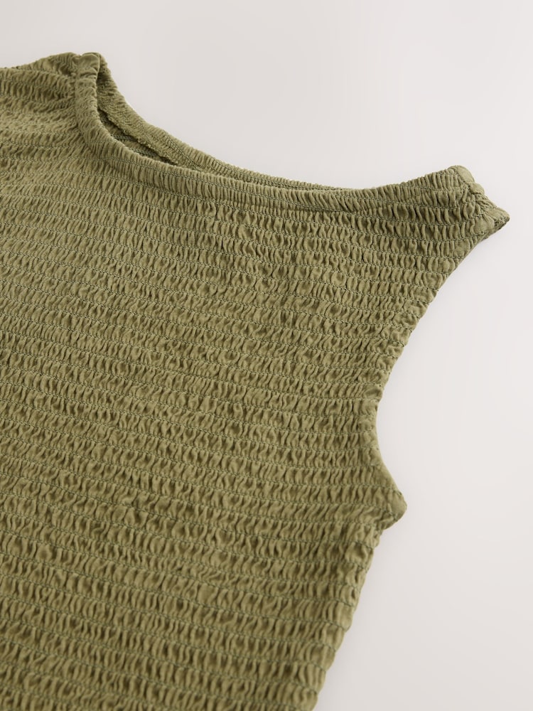Khaki Green Shirred Asymmetric Sleeveless 100% Cotton Top - Image 8 of 8