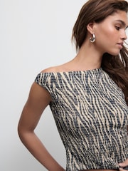 Grey/Ecru Zebra Print Shirred Asymmetric Sleeveless 100% Cotton Top - Image 2 of 8