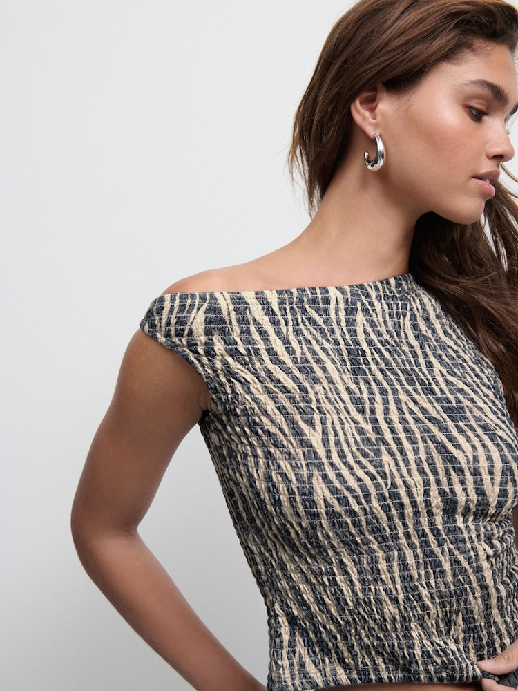 Grey/Ecru Zebra Print Shirred Asymmetric Sleeveless 100% Cotton Top - Image 2 of 8