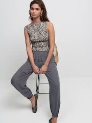 Grey/Ecru Zebra Print Shirred Asymmetric Sleeveless 100% Cotton Top - Image 4 of 8