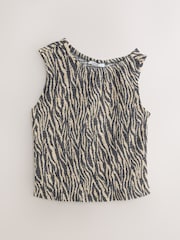 Grey/Ecru Zebra Print Shirred Asymmetric Sleeveless 100% Cotton Top - Image 6 of 8