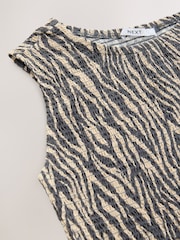 Grey/Ecru Zebra Print Shirred Asymmetric Sleeveless 100% Cotton Top - Image 8 of 8