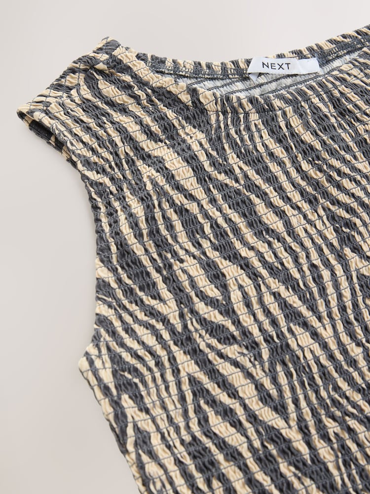 Grey/Ecru Zebra Print Shirred Asymmetric Sleeveless 100% Cotton Top - Image 8 of 8