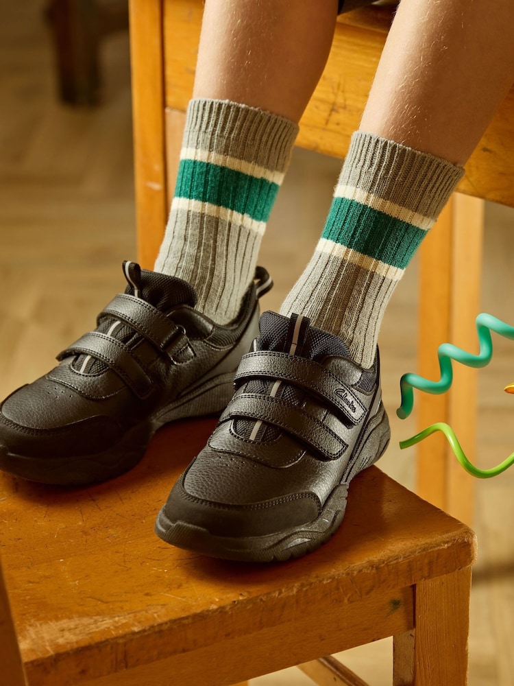 Clarks Black Standard Fit (F) Boys Feather Shine Trainers - Image 1 of 7