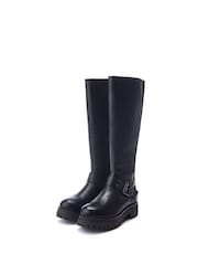 Moda in Pelle Remy Angular Buckle Strap Leather Long Black Boots - Image 1 of 4