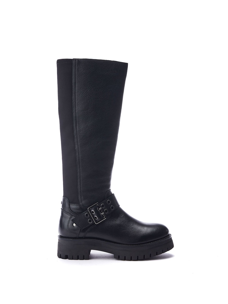 Moda in Pelle Remy Angular Buckle Strap Leather Long Black Boots - Image 4 of 4