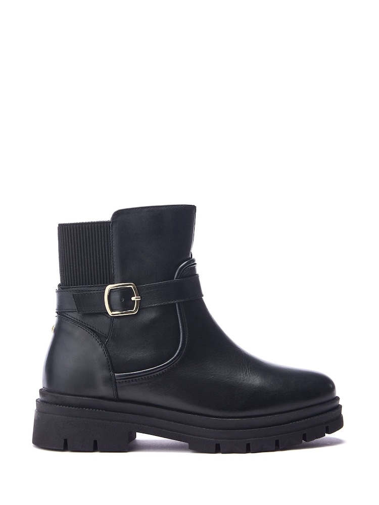 Moda in Pelle Onnis Stretch Back And Buckle Detail Short Leather Black Boots - Image 1 of 4