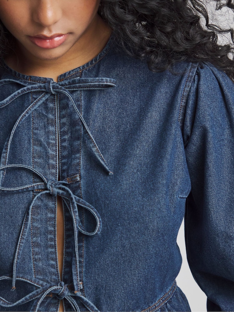 Simply Be Blue Tie Front Denim Peplum Blouse - Image 3 of 5